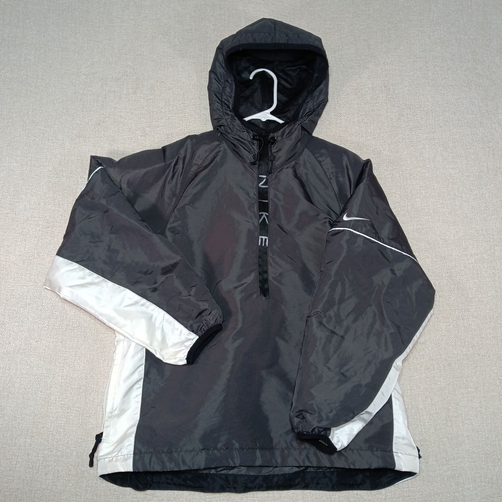 VTG 90s Nike Windbreaker Jacket Women S Black Half Zip Anorak Hooded White Label